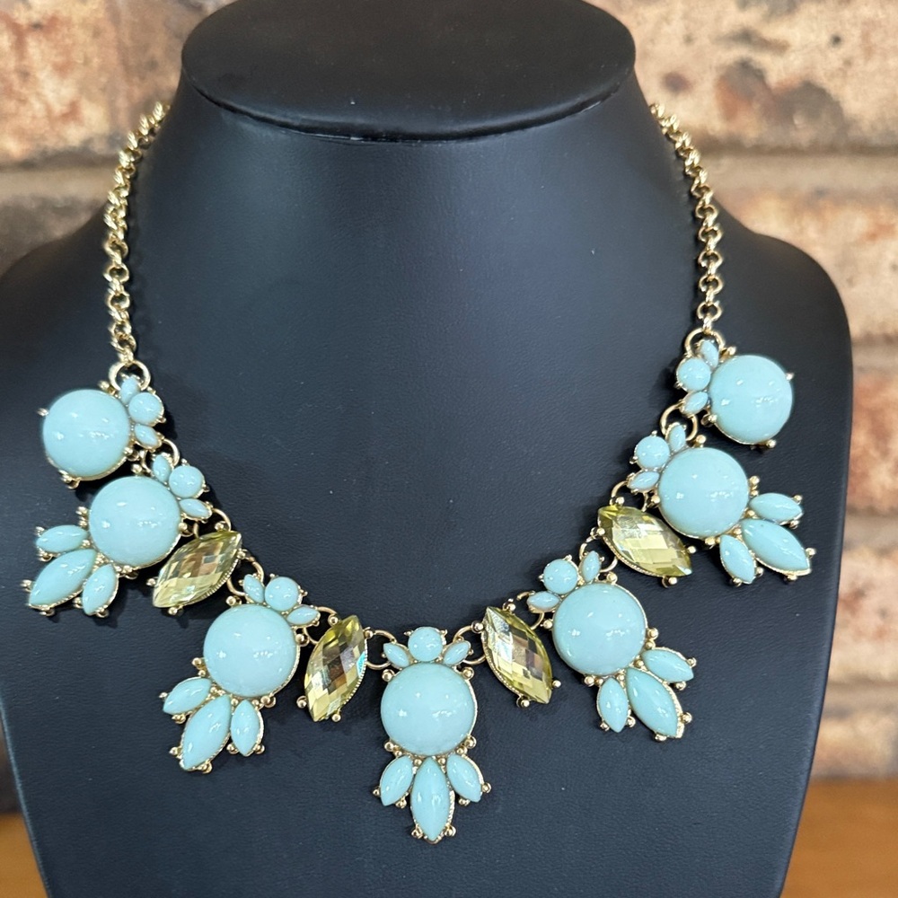 Leslie Danzis light blue and green rhinestone statement necklace